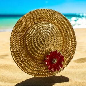 Brooch, Vintage Gold-Tone Hat, Pink Flower Accent, Intricate Design, Hea…